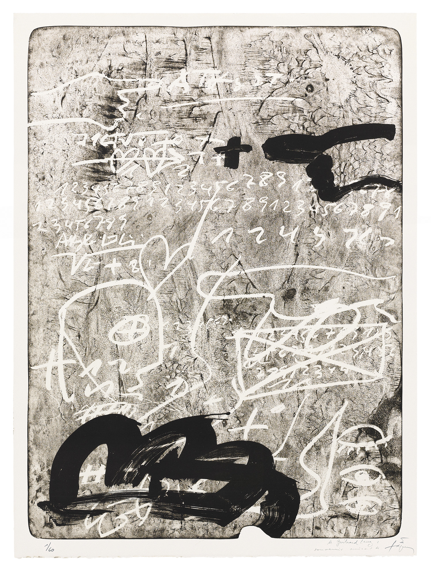 Antoni Tàpies, Blatt aus der Mappe „Improvisations en blanc et noir“, 1987, Ex. 1/60, Serie von 6 Lithografien, Edition Erker-Presse, St. Gallen; Blattgröße je 108 x 80 cmFoto: Baschang & Herrmann, München